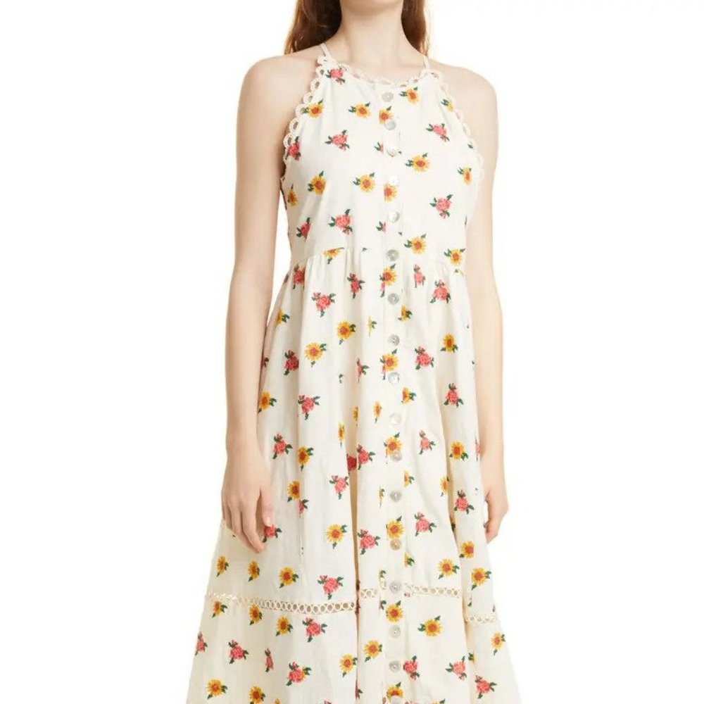 Farm Rio Mixed Cross Stitch Flowers Midi Dress Size Large
